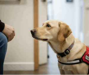 Guide dog assisting a person with mobility or service needs in an indoor setting, highlighting assistance dog training and furry companions for independence and support.