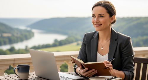 A smiling woman working outdoors with a laptop, notebook, and overlooking a scenic river and mountains, representing a funder.