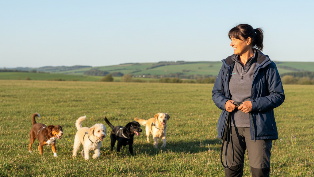 Dog trainer standing on a meadow with four dogs happily running towards her.