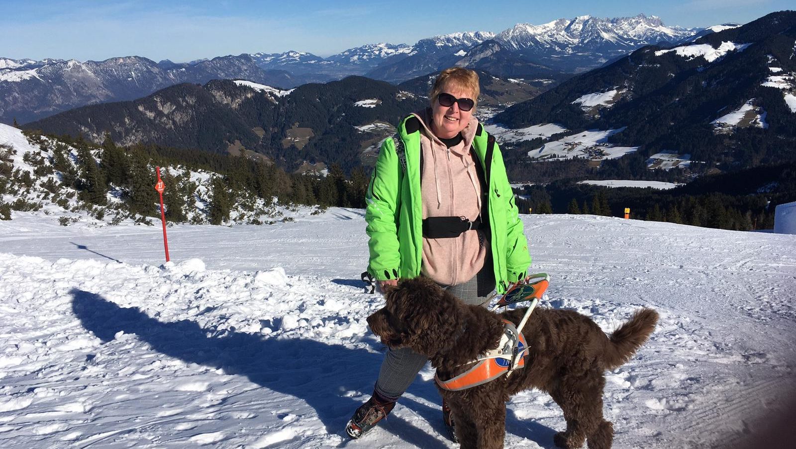 Vibrant woman with guide dog on snowy mountain landscape, enjoying outdoor activity.
