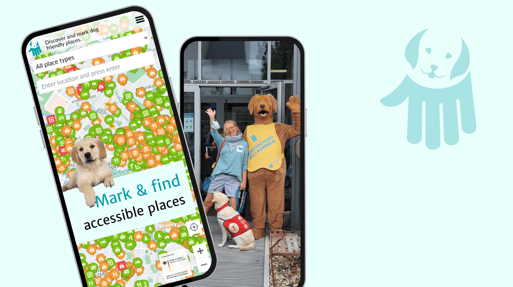 The graphic showing two smartphones: One with the Dogmap app and many many markers. It says "Mark and find accessible places". On the second phone DogMap mascot with an assistance dog handler and her assistance dog. Text "DogMap.info - our fast-growing global community".