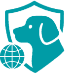 Dog head in seal, with ISO globe.